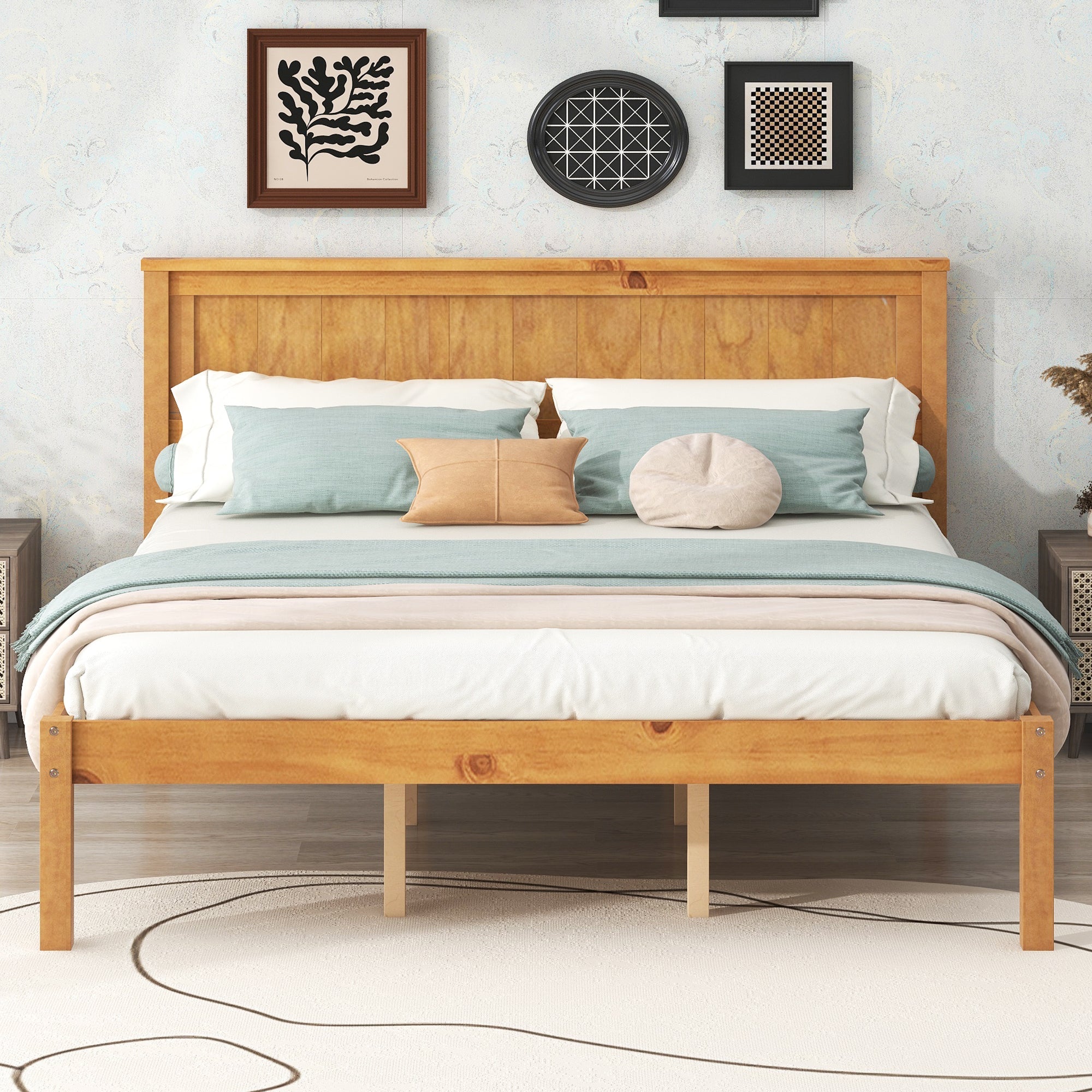 Platform Bed Frame with Headboard, Wood Slat Support, No Box Spring Needed, Queen