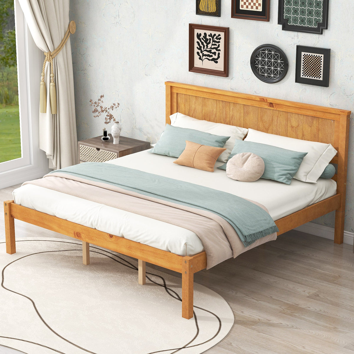 Platform Bed Frame with Headboard, Wood Slat Support, No Box Spring Needed, Queen