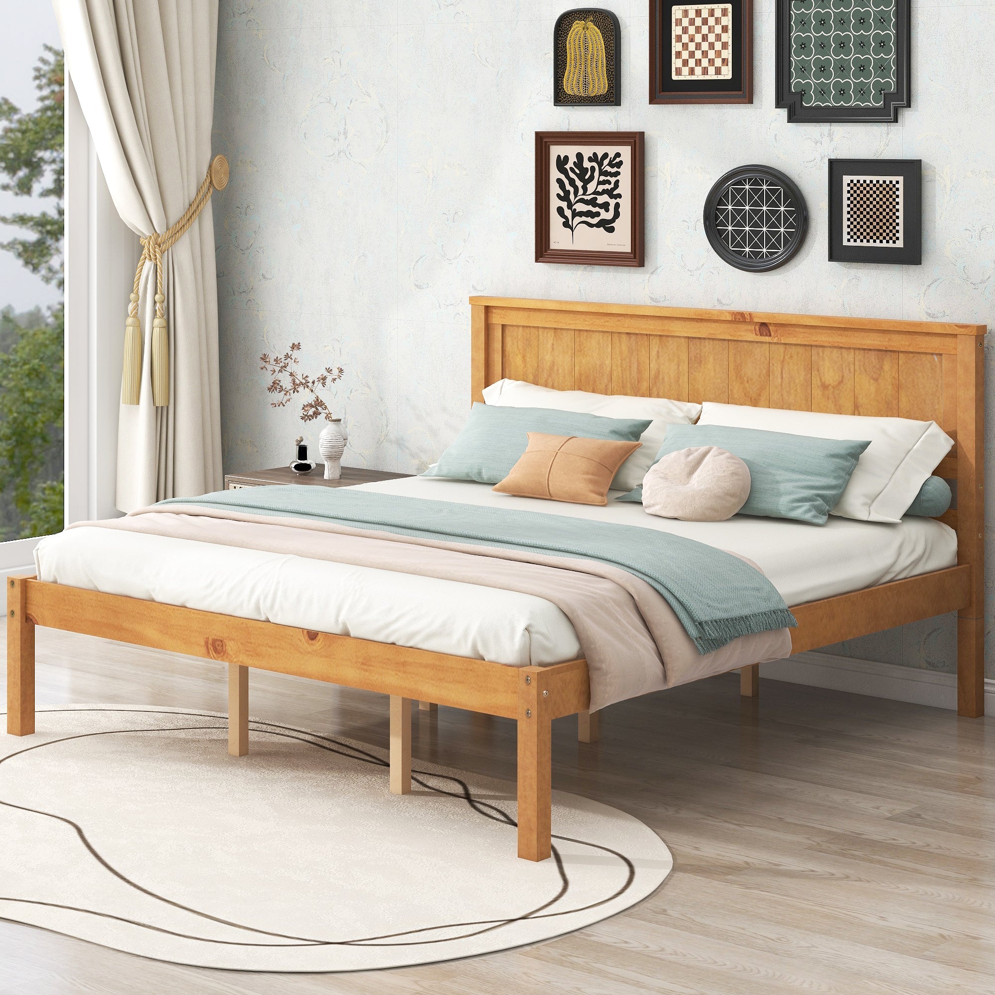 Platform Bed Frame with Headboard, Wood Slat Support, No Box Spring Needed, Queen