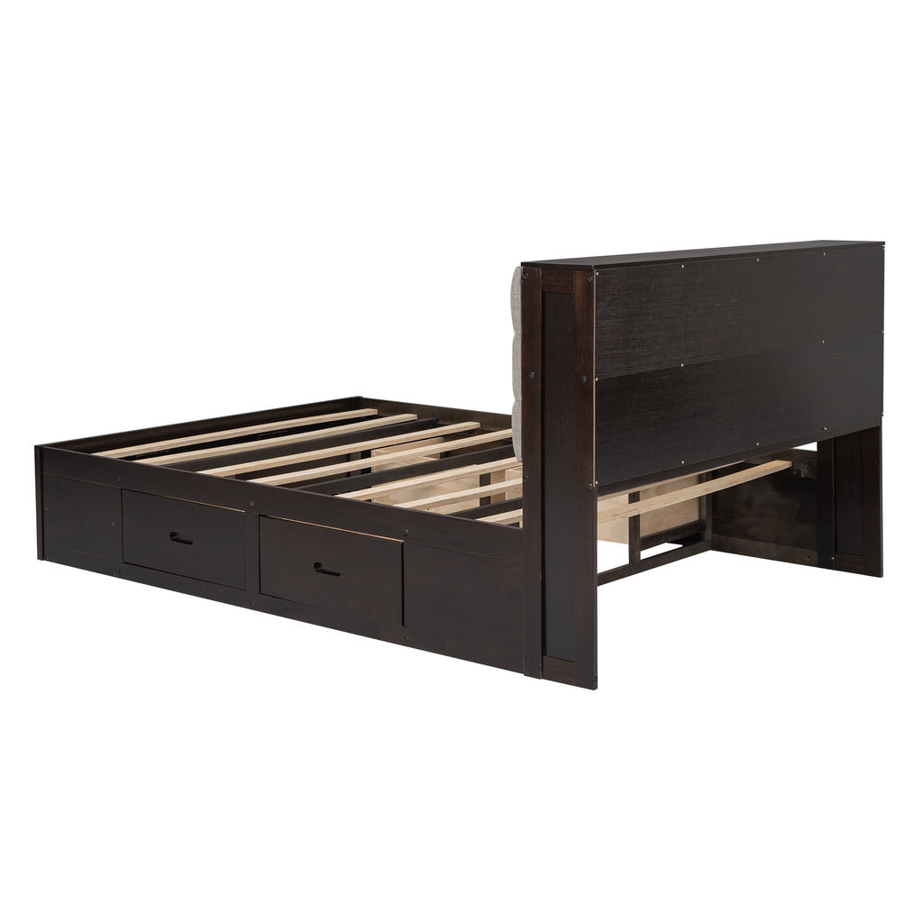 Wood Queen Size Platform Bed with Storage Headboard