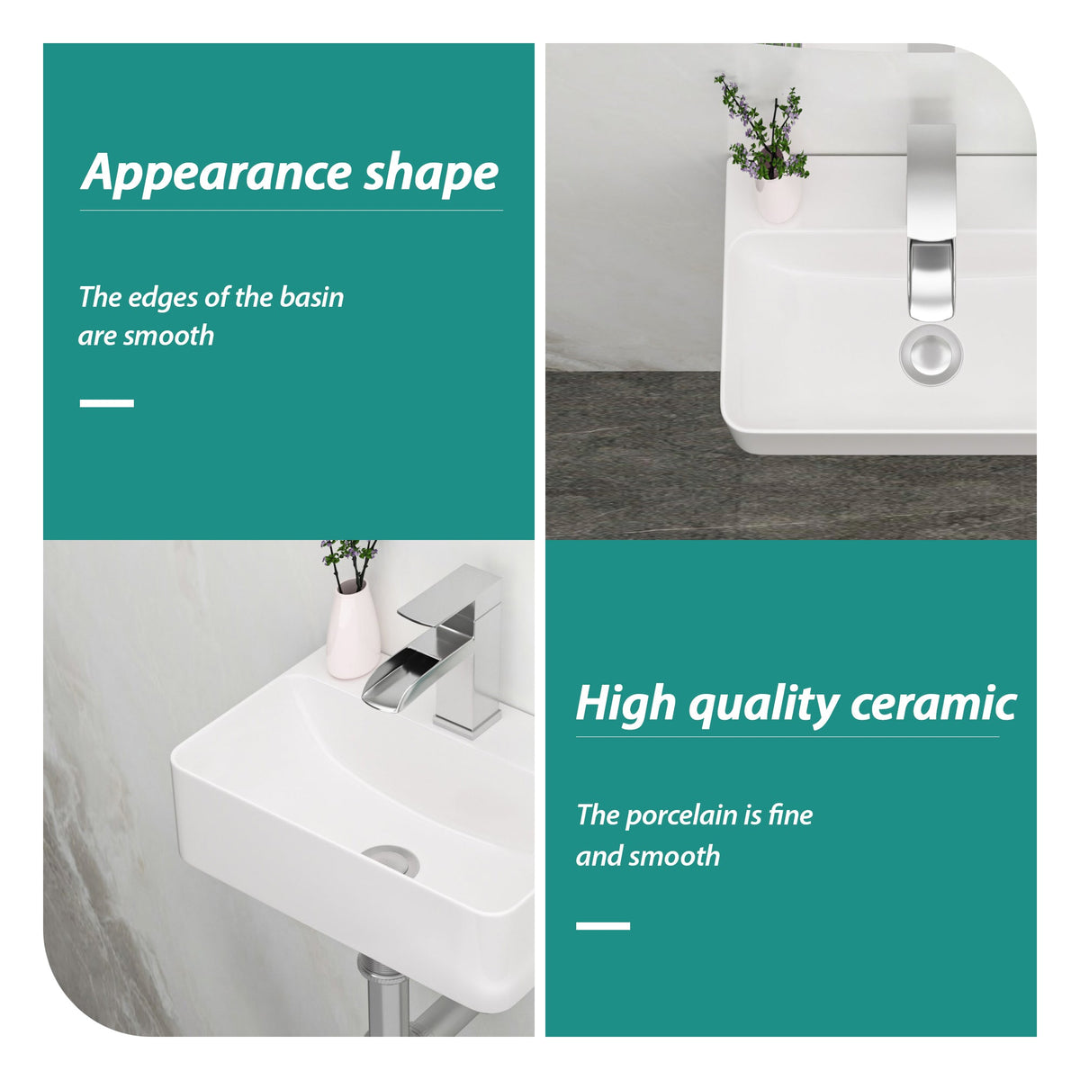Stain Resistant Rectangular Bathroom Sink - 14.5x10 Inch
