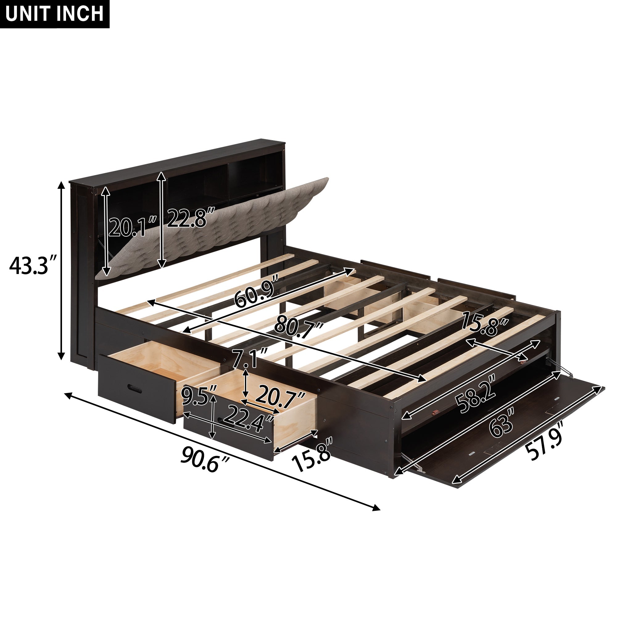 Wood Queen Size Platform Bed with Storage Headboard