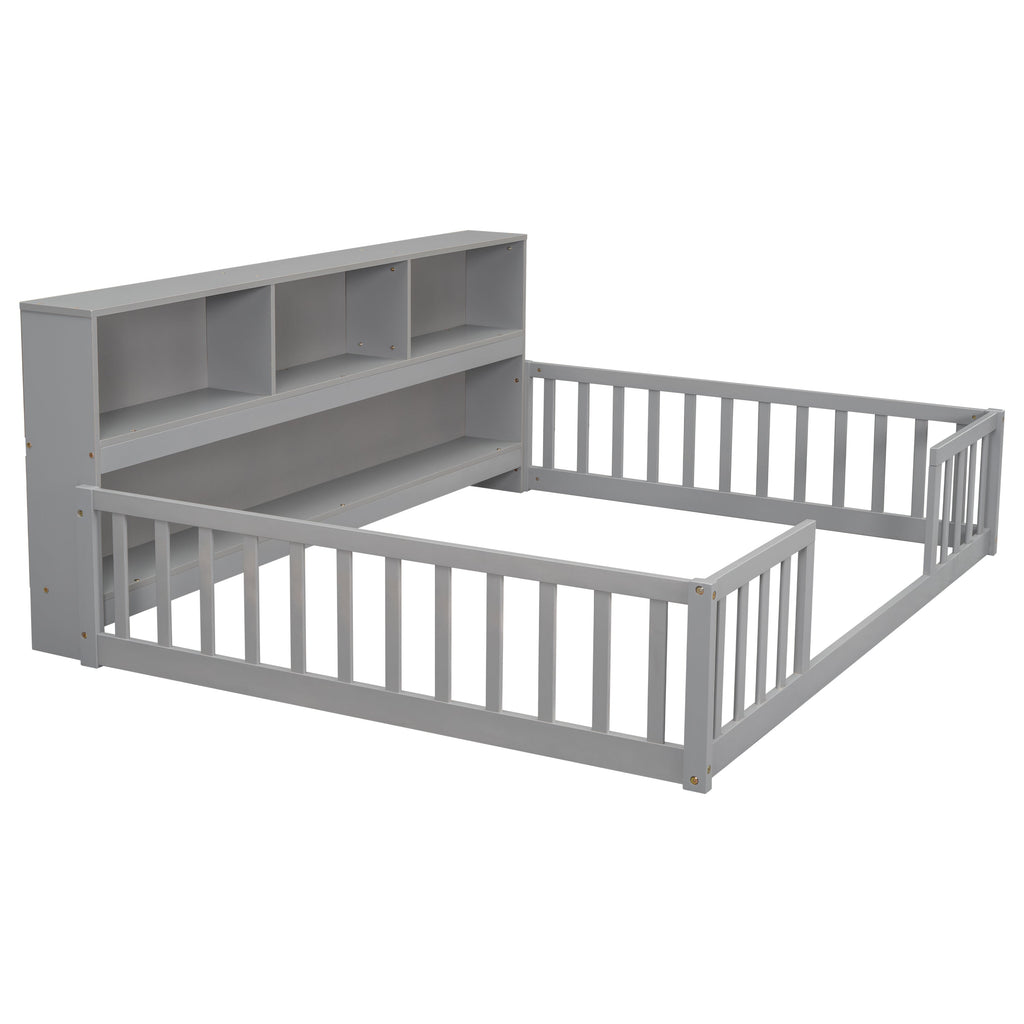 Full Floor Bed With Side Bookcase, Shelves & Guardrails
