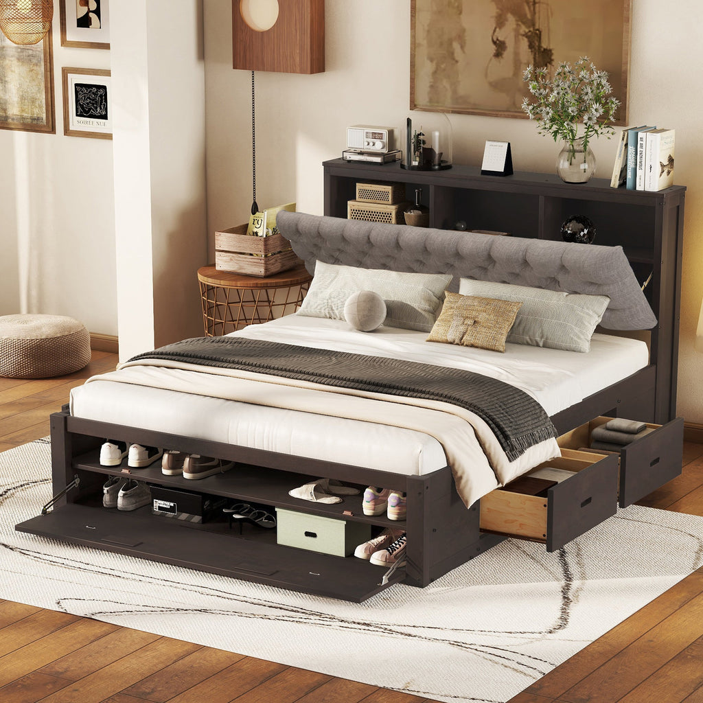 Wood Queen Size Platform Bed with Storage Headboard