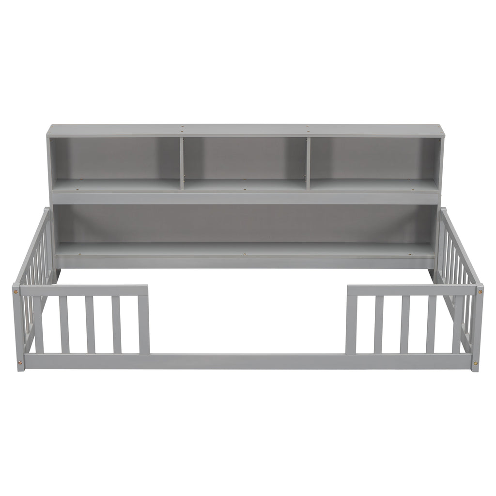 Twin Floor Bed with Bedside Bookcase, Shelves, Guardrails