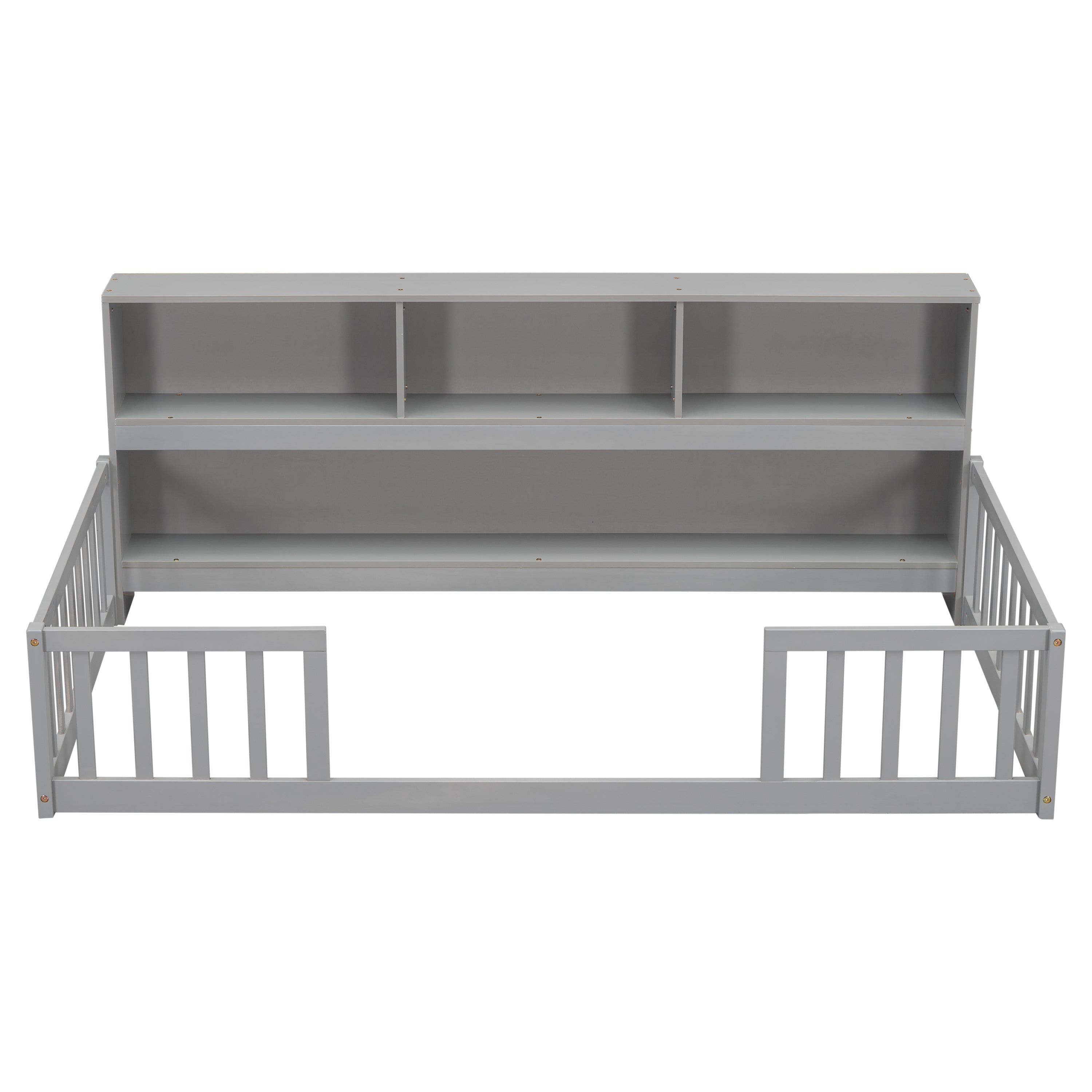 Twin Floor Bed with Bedside Bookcase, Shelves, Guardrails