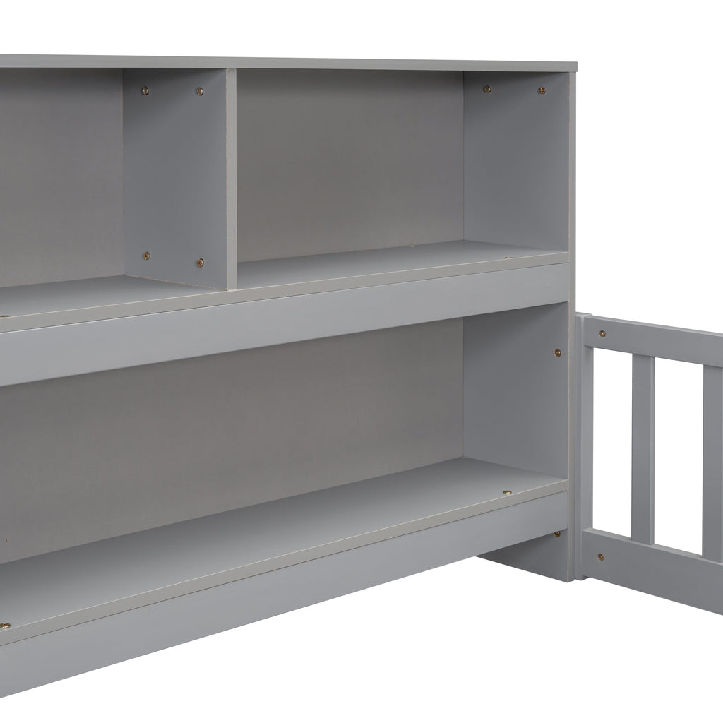 Twin Floor Bed with Bedside Bookcase, Shelves, Guardrails