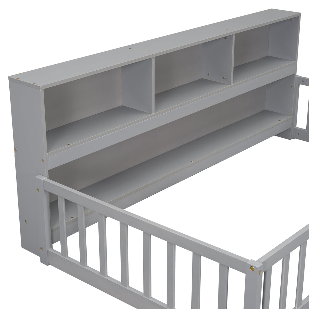 Twin Floor Bed with Bedside Bookcase, Shelves, Guardrails