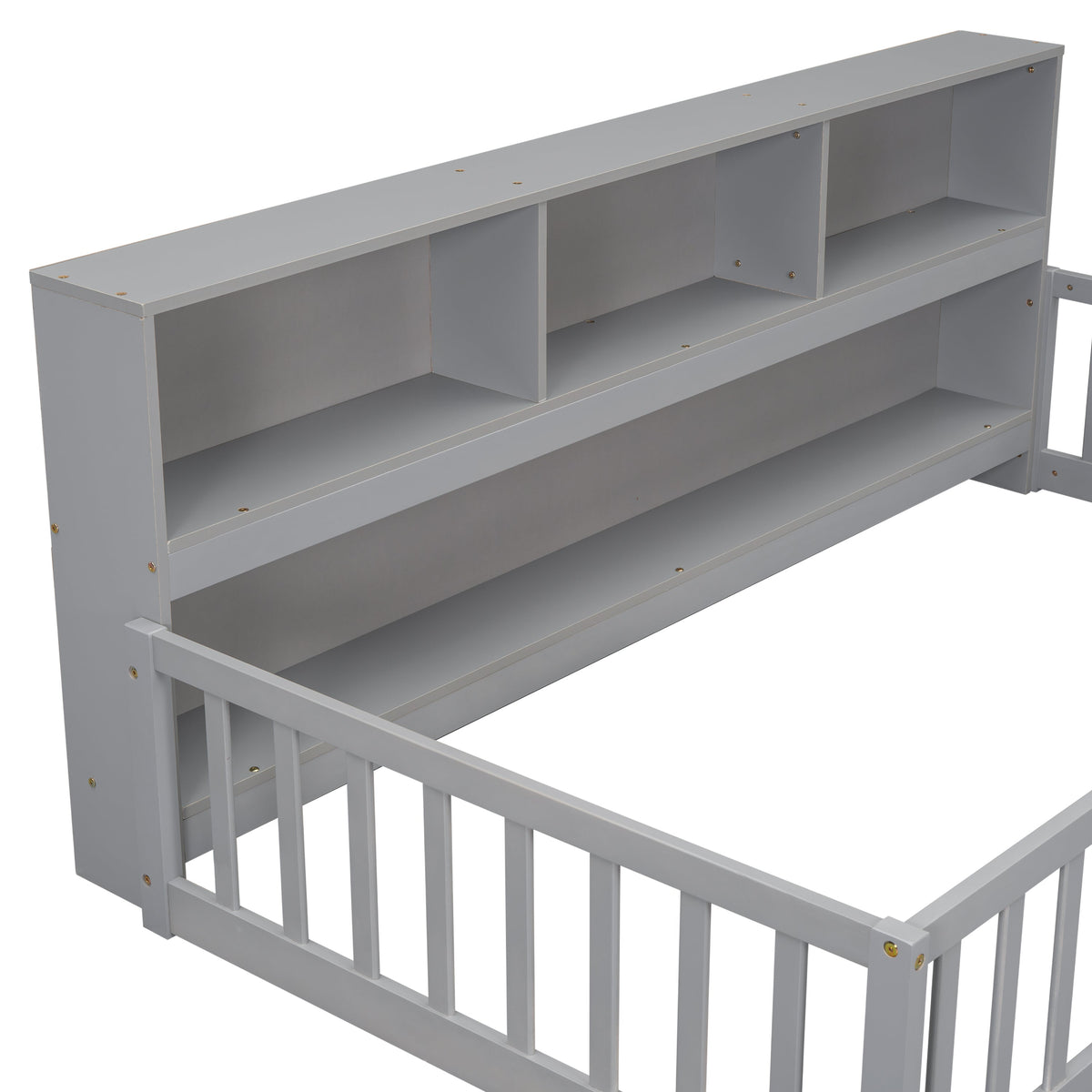 Twin Floor Bed with Bedside Bookcase, Shelves, Guardrails