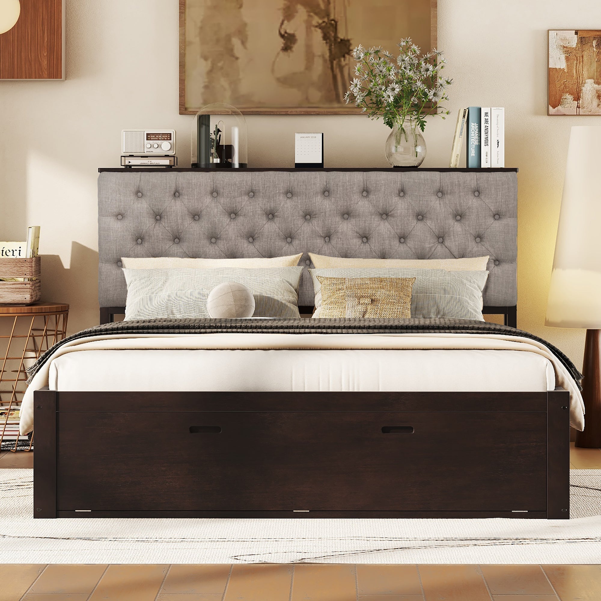 Wood Queen Size Platform Bed with Storage Headboard