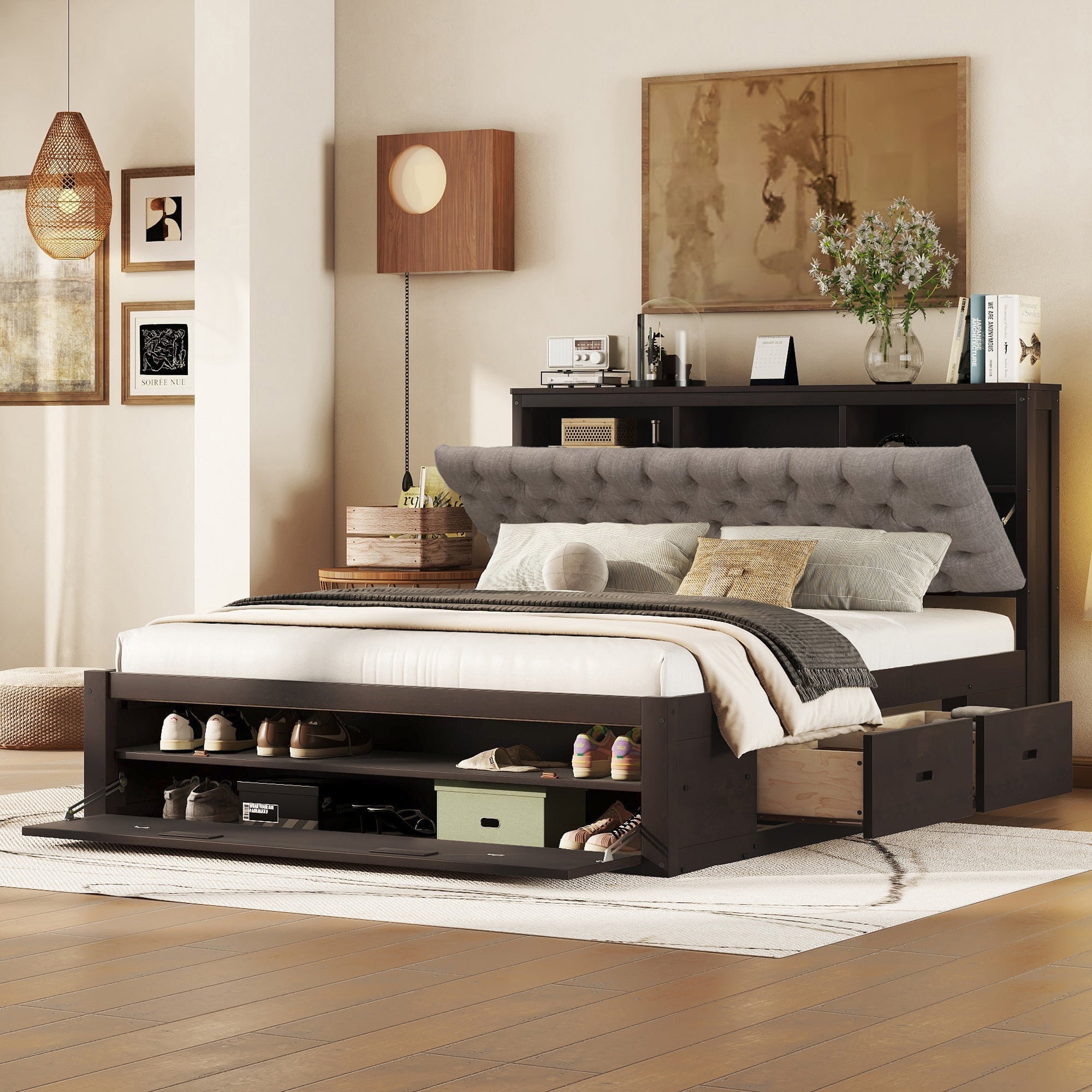 Wood Queen Size Platform Bed with Storage Headboard