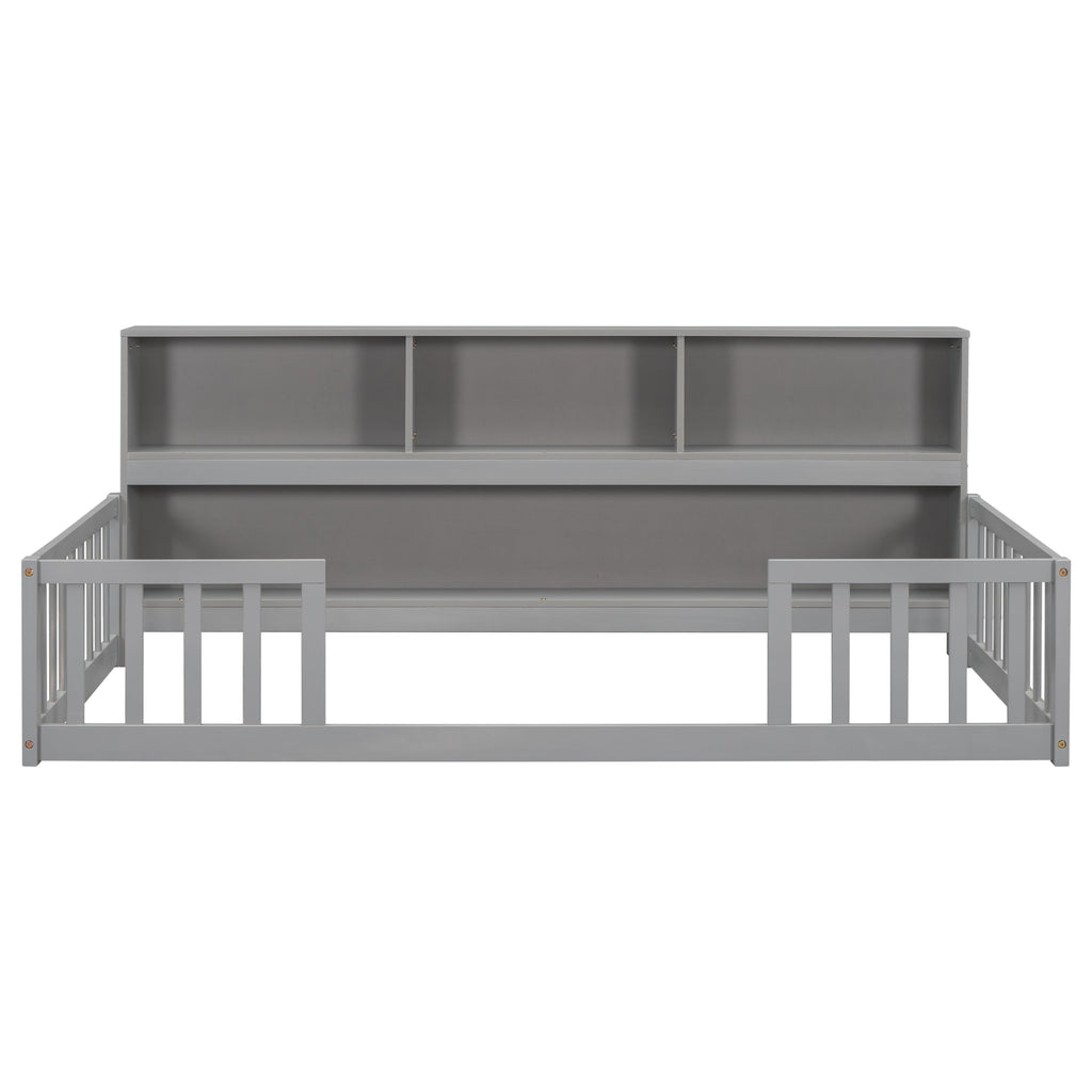Twin Floor Bed with Bedside Bookcase, Shelves, Guardrails