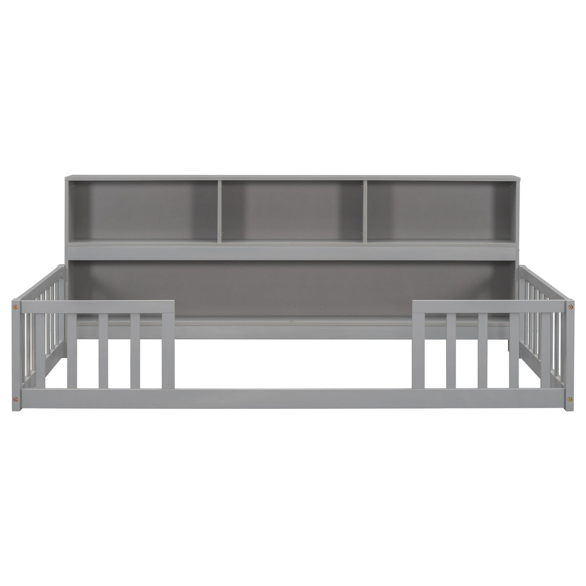 Twin Floor Bed with Bedside Bookcase, Shelves, Guardrails