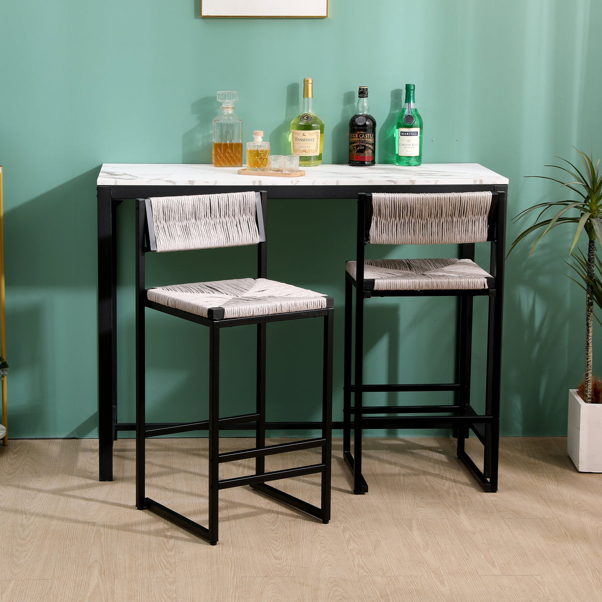 Gray Set of 2 Hand Weave Bar Stools with Back