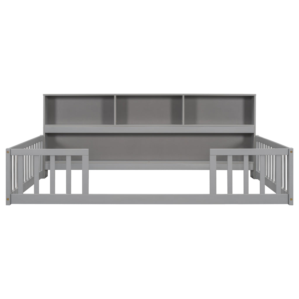 Full Floor Bed With Side Bookcase, Shelves & Guardrails