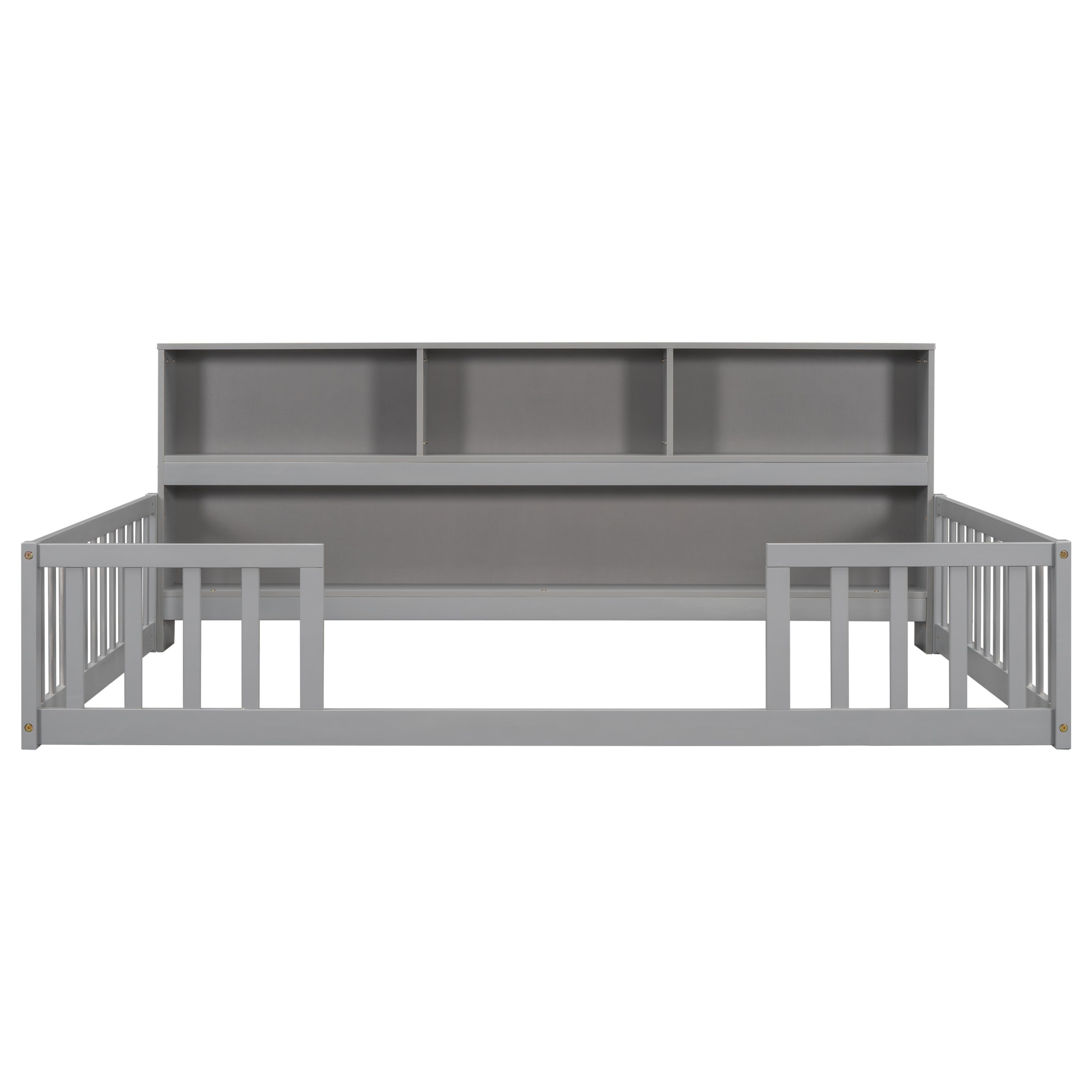 Full Floor Bed With Side Bookcase, Shelves & Guardrails