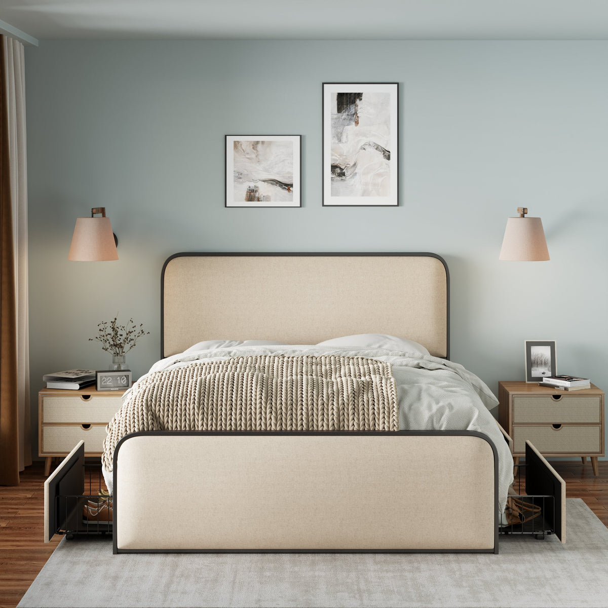 Modern Metal Bed Frame with Curved Upholstered Headboard