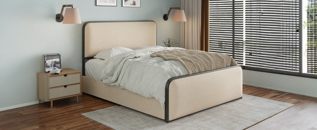 Modern Metal Bed Frame with Curved Upholstered Headboard