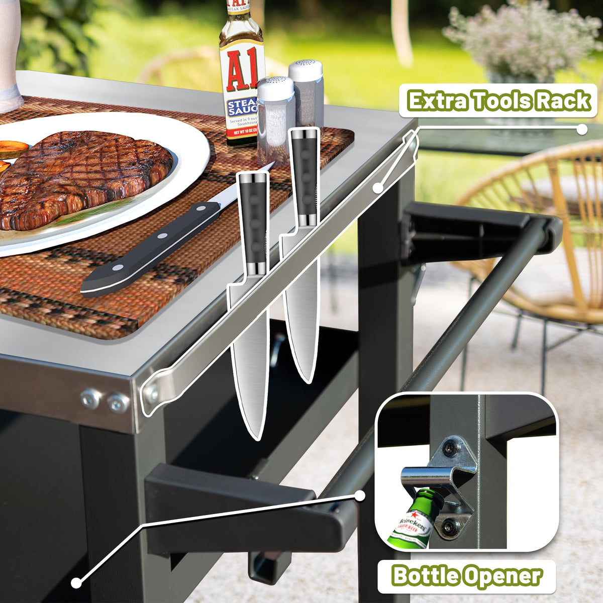 3-Shelf Outdoor Grill Table with Wheels