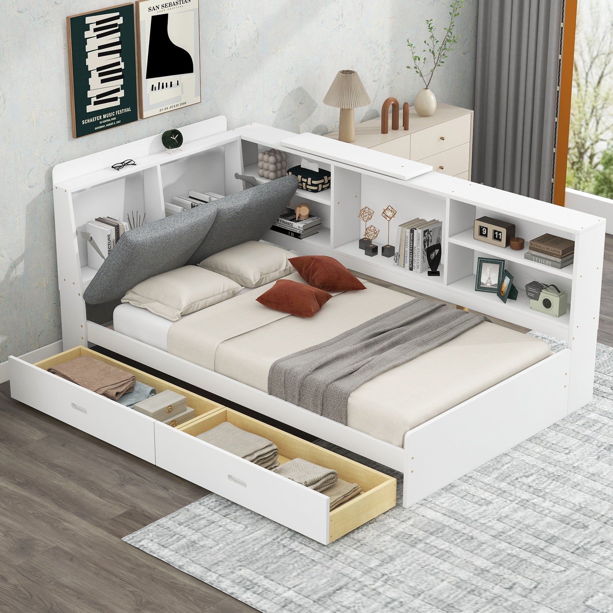 Wood Twin Size Platform Bed with Storage Headboard, Shelves and 2 Drawers