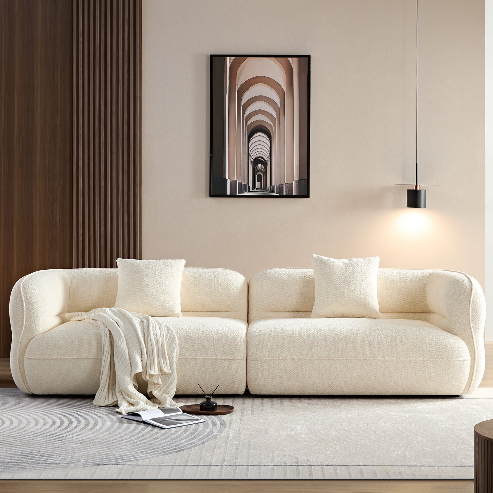 White Sectional Sofa, Durable Fabric, Solid Wood Frame