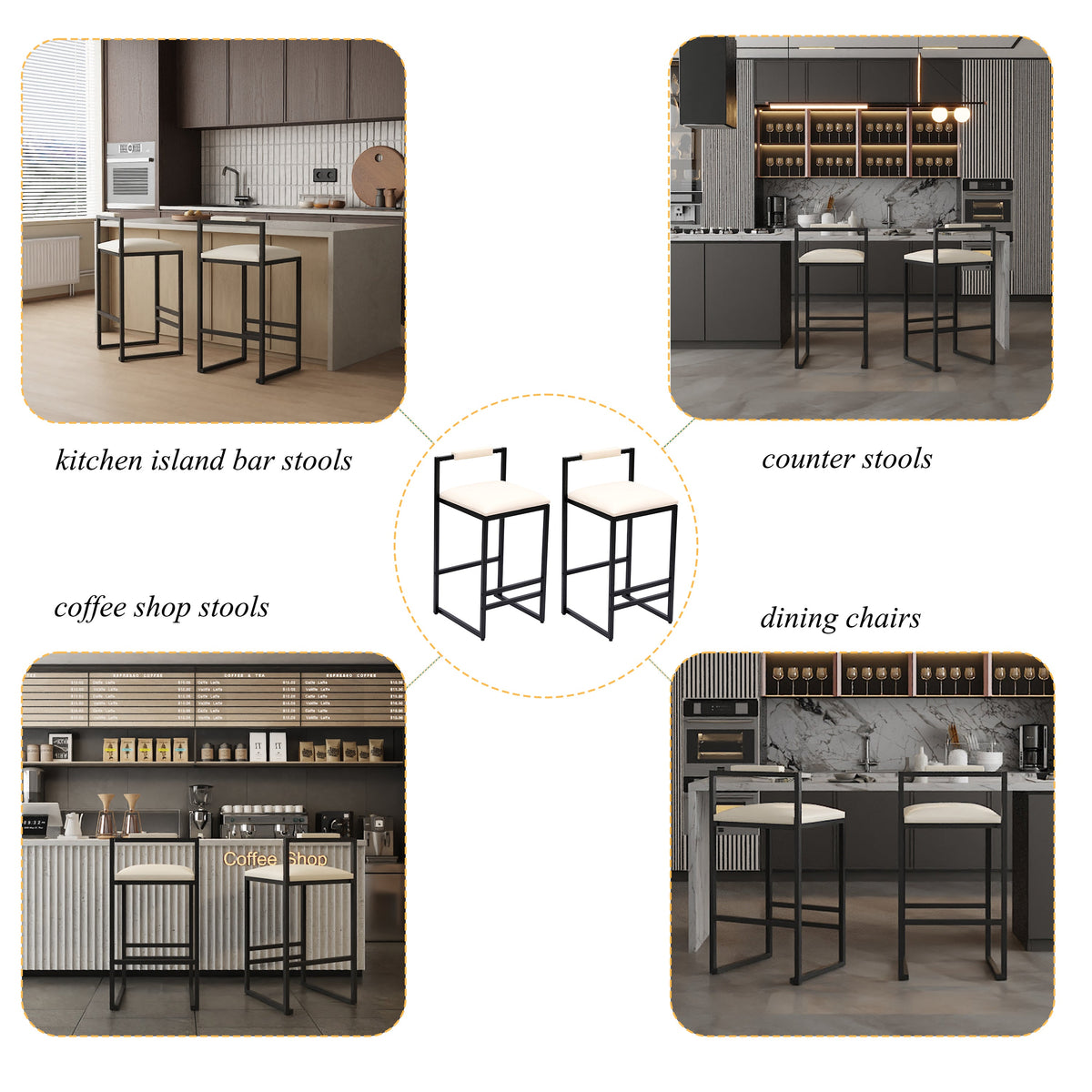 Set of 2 Barstools - Faux Leather Upholstered Modern Metal Frame