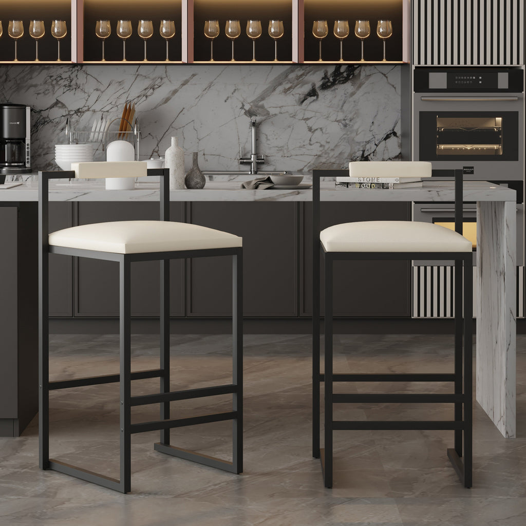 Set of 2 Barstools - Faux Leather Upholstered Modern Metal Frame