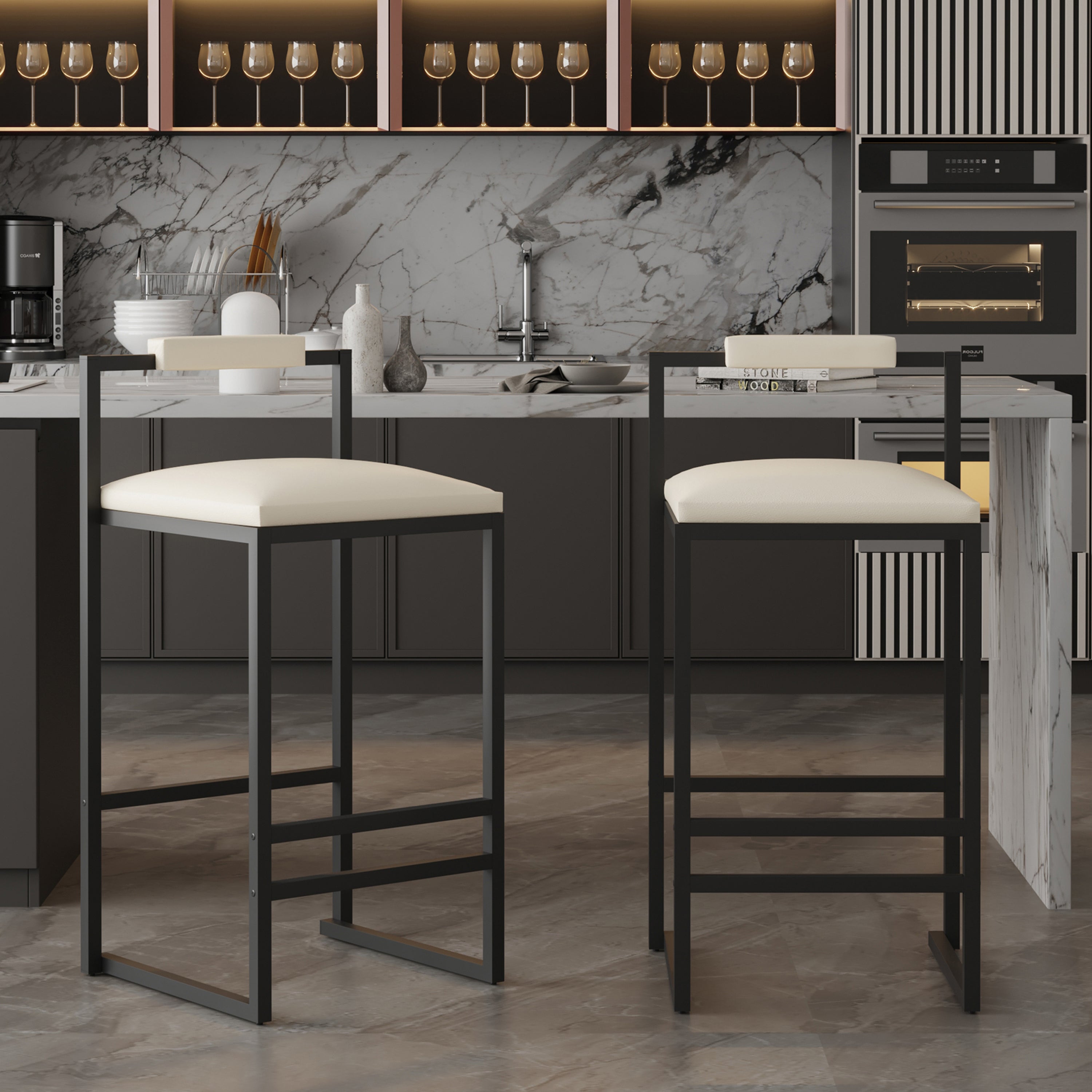 Set of 2 Barstools - Faux Leather Upholstered Modern Metal Frame