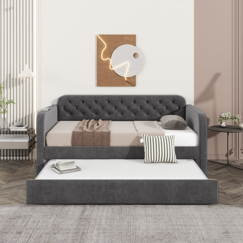Twin Size Upholstered Daybed with Trundle and USB Charging