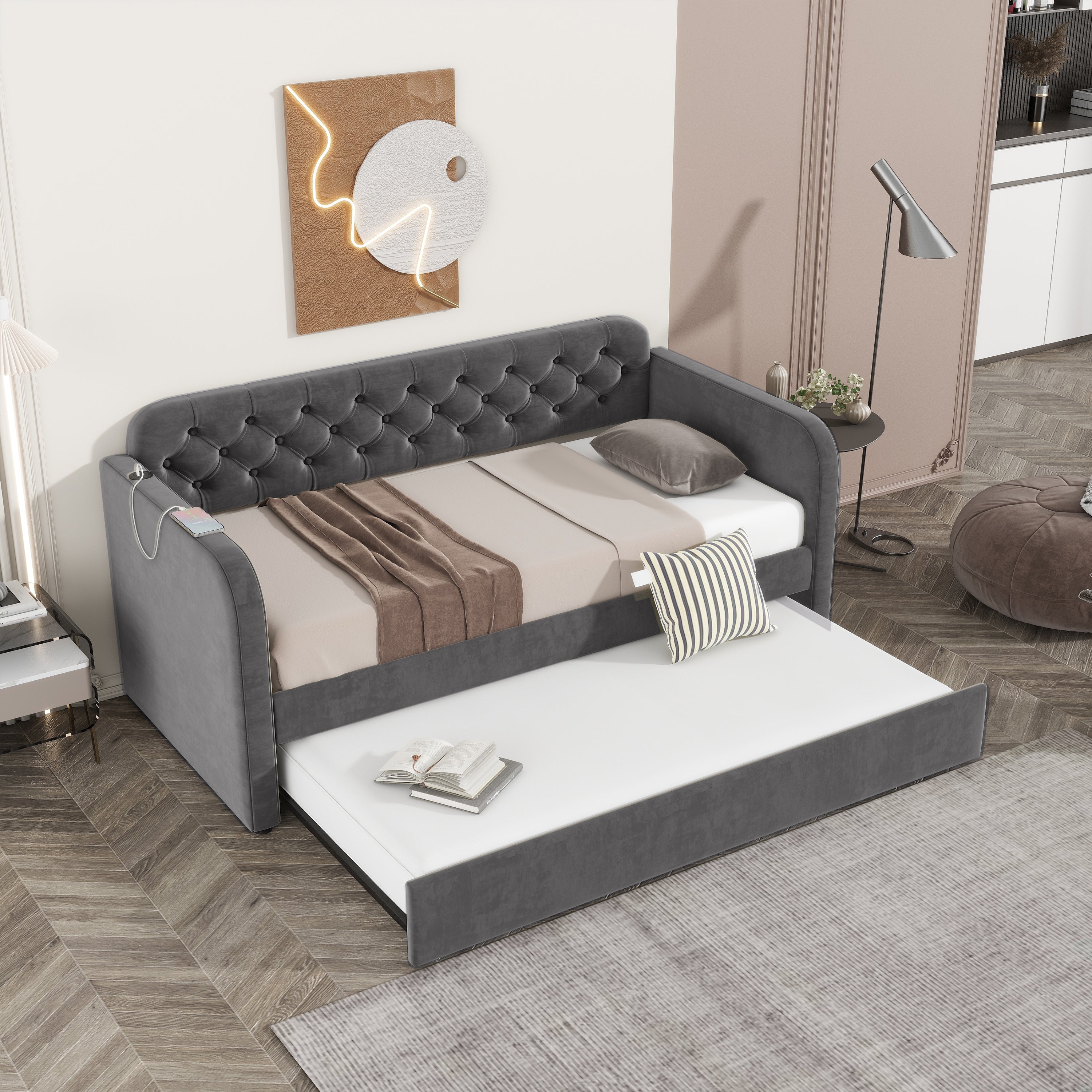 Twin Size Upholstered Daybed with Trundle and USB Charging