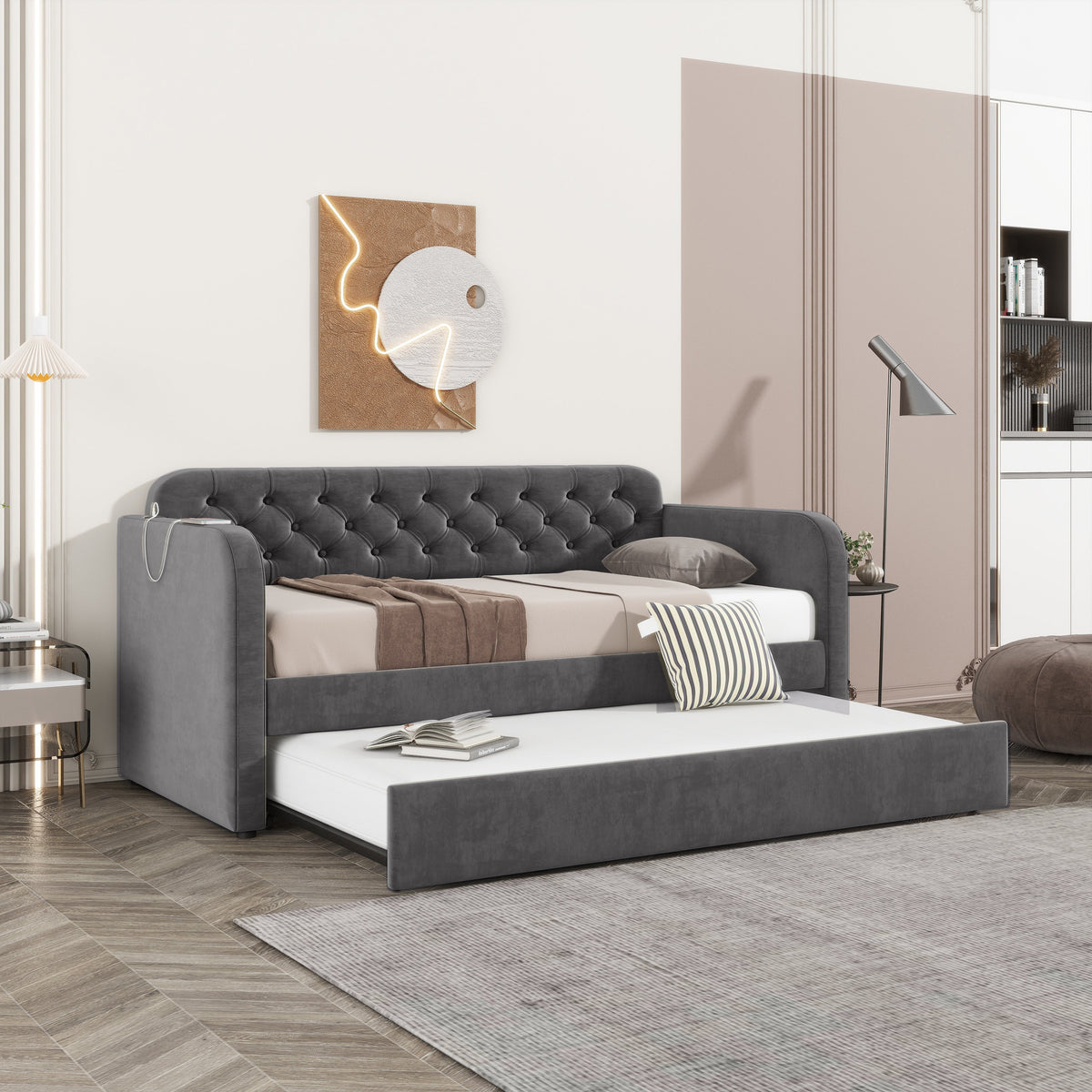 Twin Size Upholstered Daybed with Trundle and USB Charging