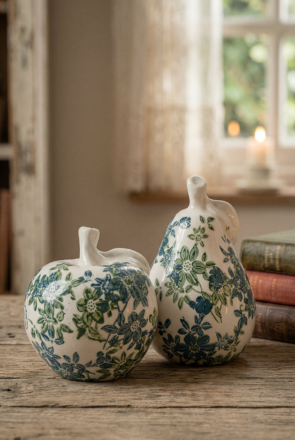 Set of 2 Floral Ceramic Pear and Apple Decor