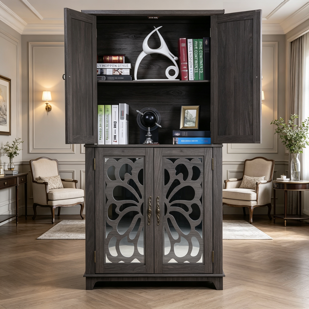 Display Sideboard Buffet with 4 Acrylic Mirrored Doors