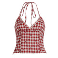 Summer Retro Red Plaid V-Neck Halter Neck Design With Slit, Slim Fit, Backless Hot Girl Tank Top For Women