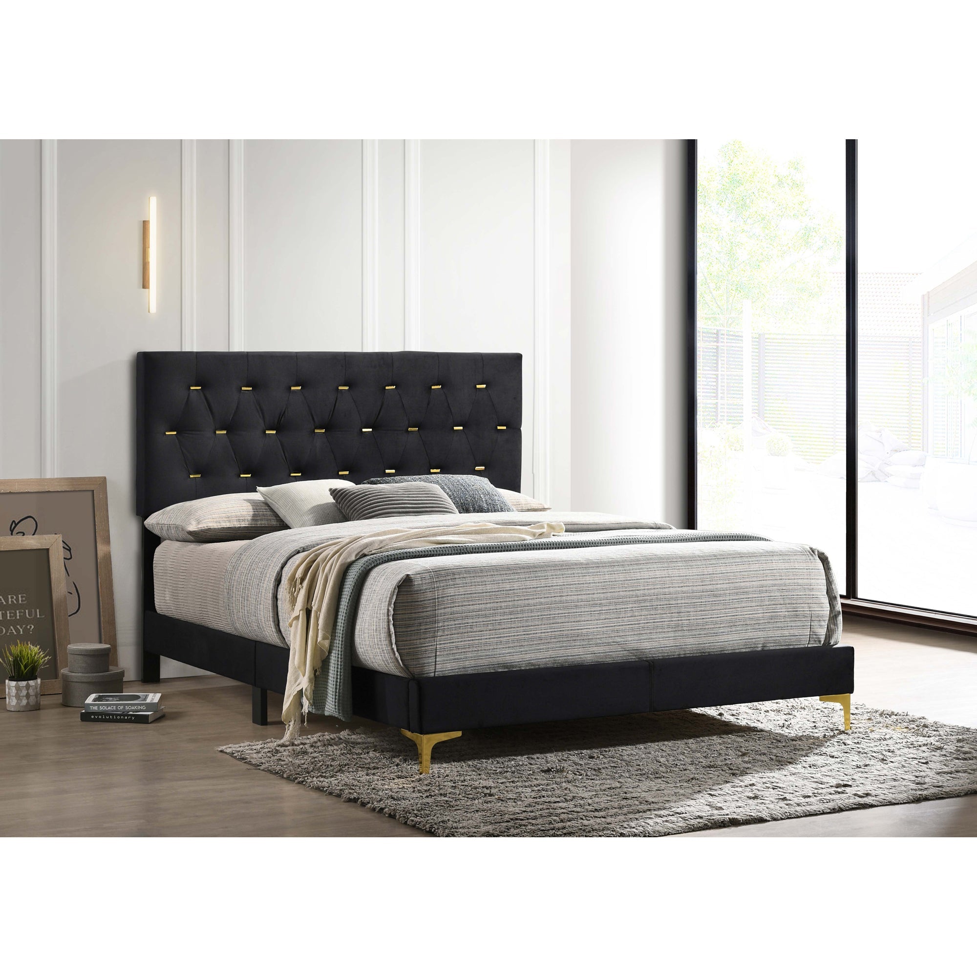 Lexie Black/Gold Diamond Tufted Eastern King Panel Bed