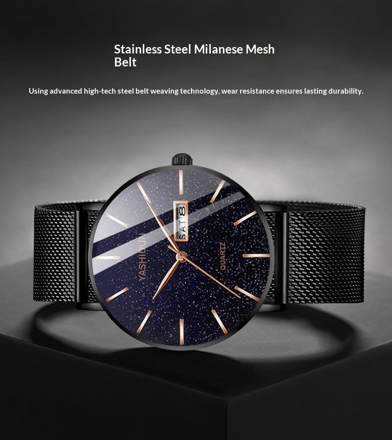 Mens Waterproof Dual-Date Starry Sky Watch