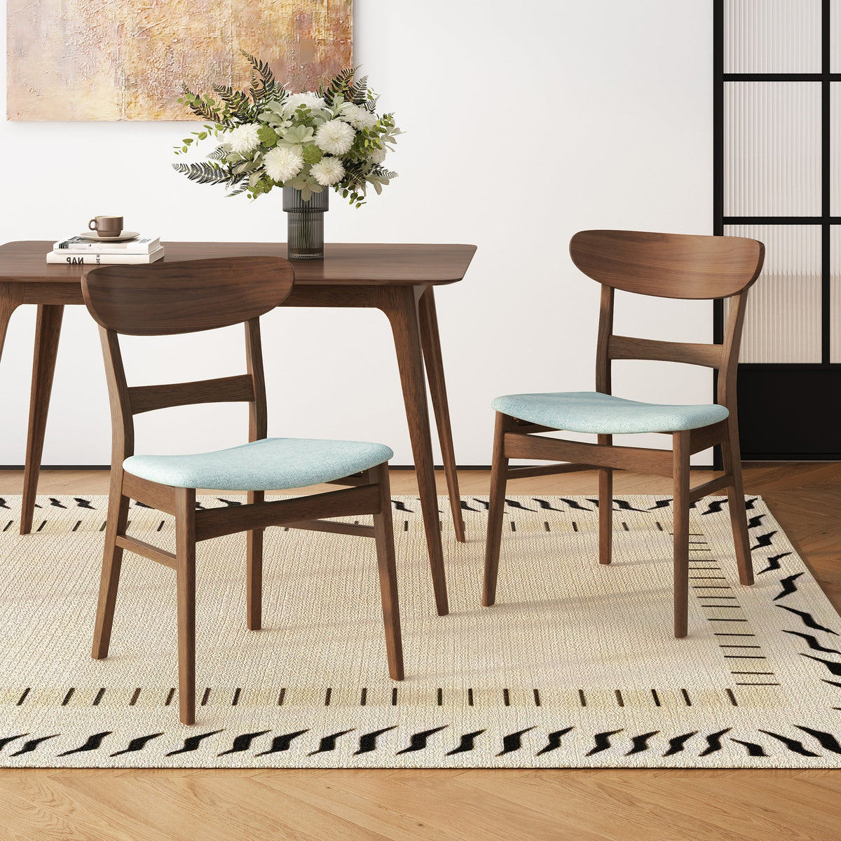 Set of 2 Dining Chairs - Upholstered Seat, Rubberwood Legs, Walnut+Mint