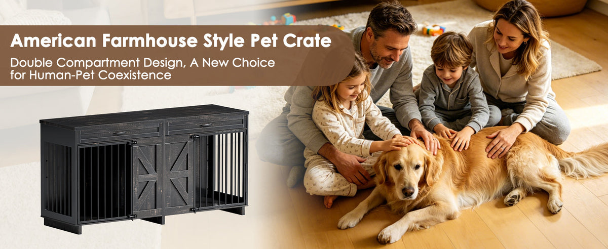 Dog Crate Furniture TV Stand - 2-in-1 Wooden Dog Kennel with Storage