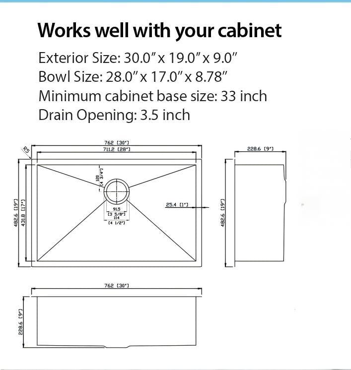 Undermount Kitchen Sink - 30"x19" Stainless Steel 16 Gauge Deep Single Bowl