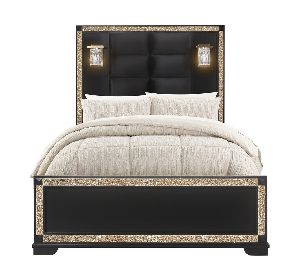 Lively Black/Gold Full Bed With Lamps