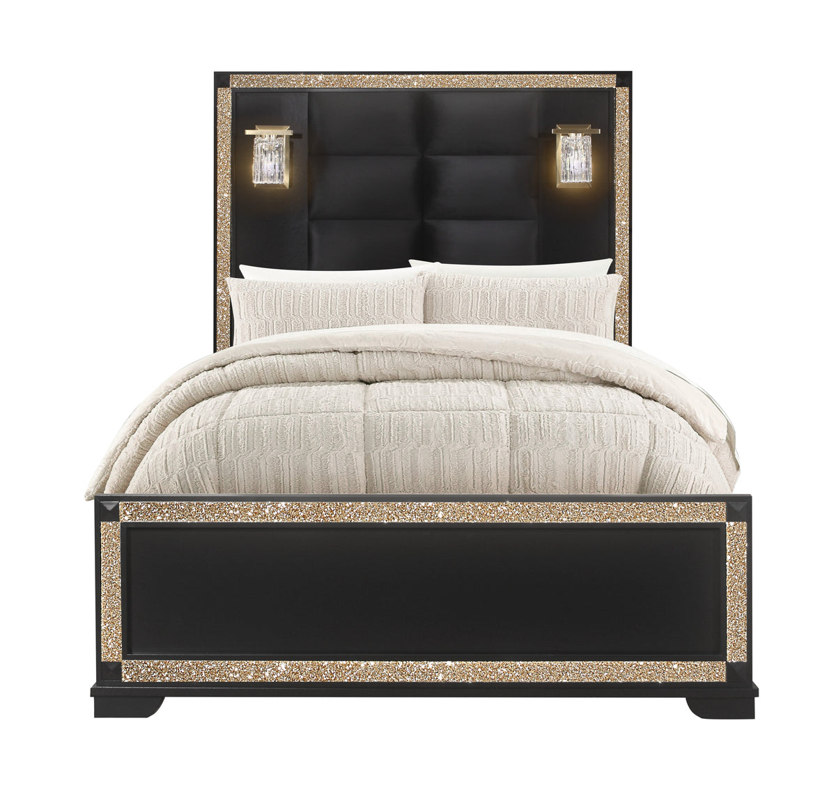 Lively Black/Gold Full Bed With Lamps