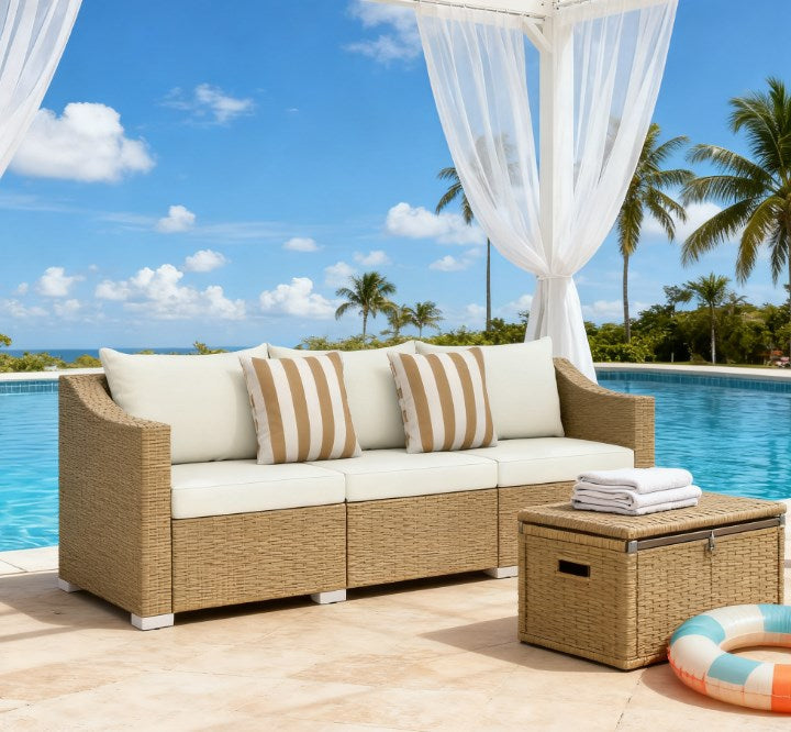 Outdoor Rattan Sofa with Cushions and Throw Pillows