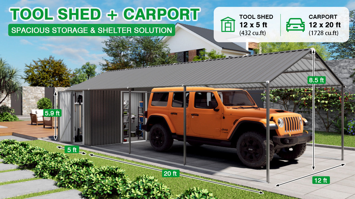 12x25 FT Galvanized Steel Carport with Car Shelter & Storage Shed