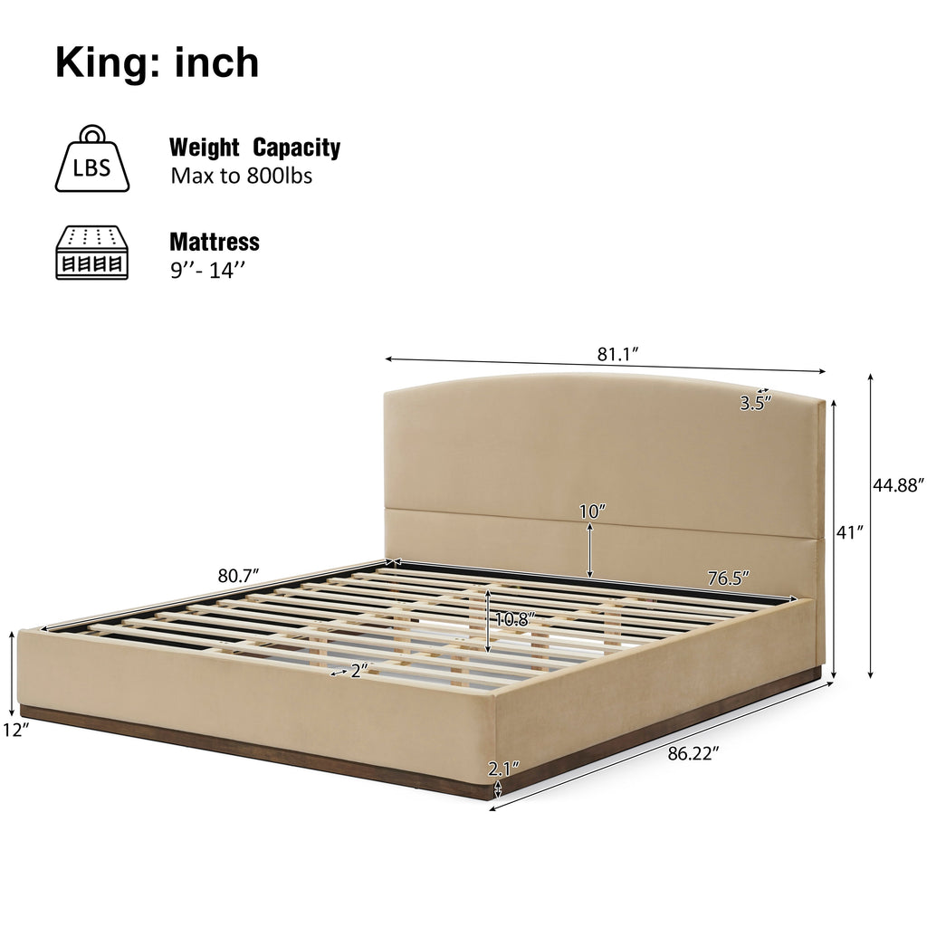 King Size Upholstered Bed Frame With Velvet Fabric Thick Headboard