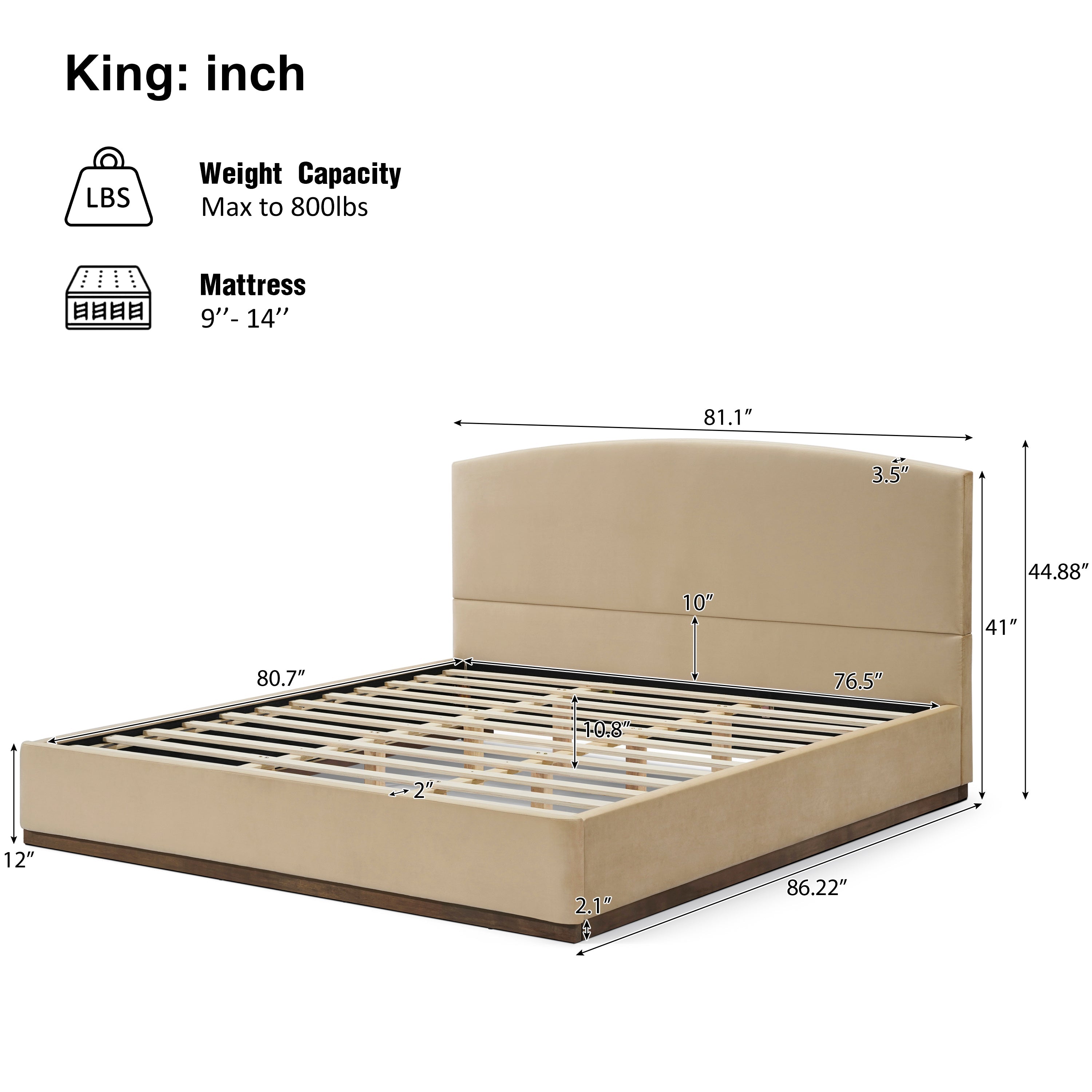 King Size Upholstered Bed Frame With Velvet Fabric Thick Headboard