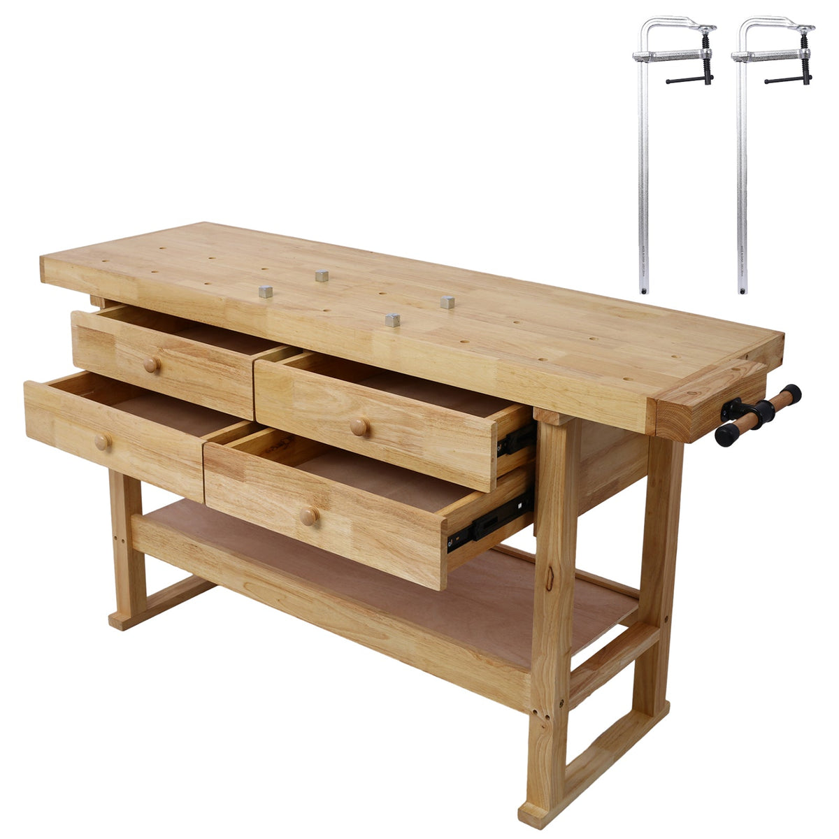 60in Wooden Workbench with 4 Drawers and Bar Clamps Set