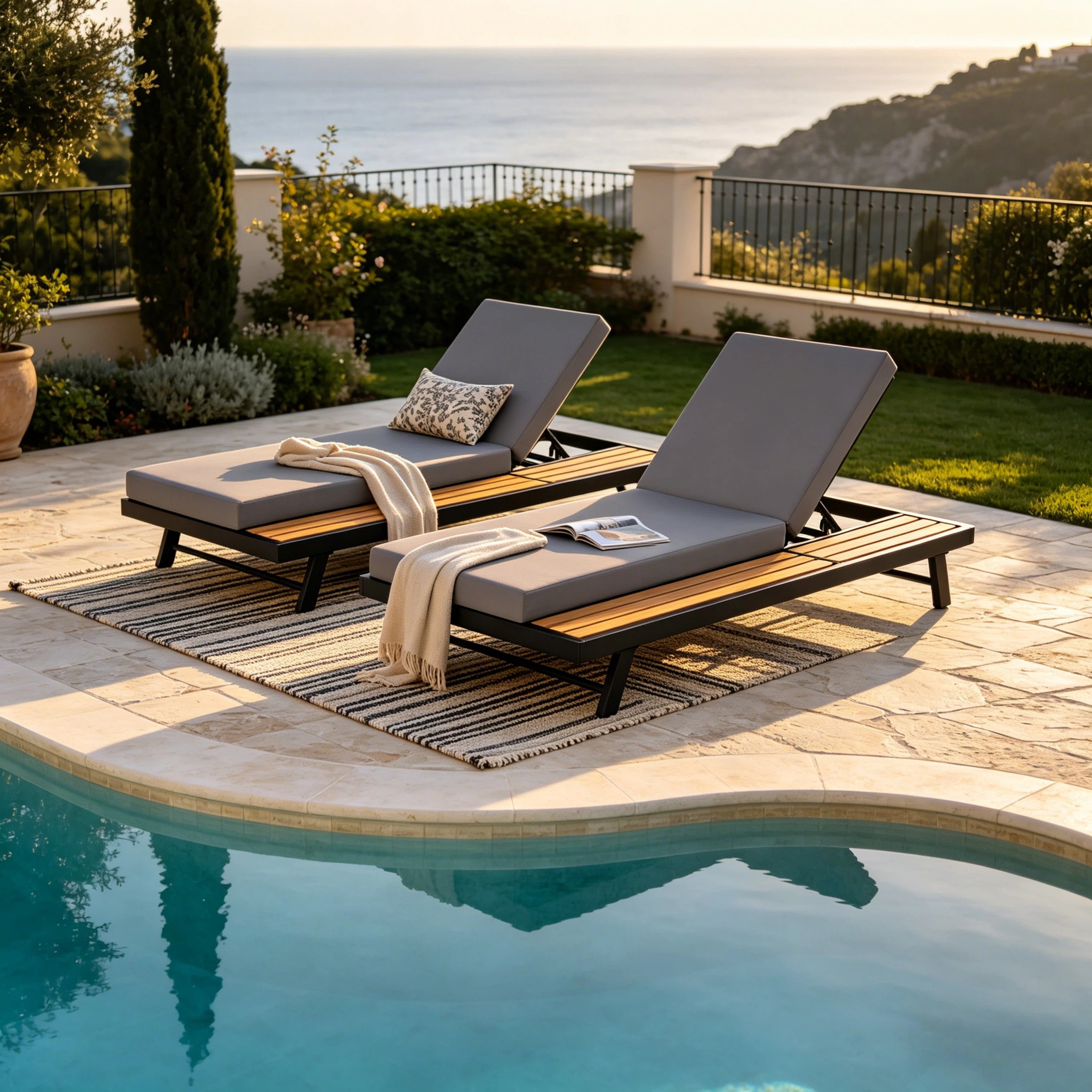 Black Iron + Teak Finish Chaise Lounge Set with Dark Grey Cushion