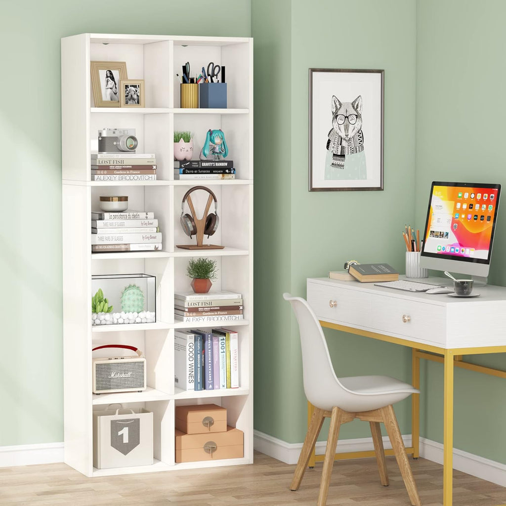 71.65" White Narrow 12-Cube Modern Bookcase
