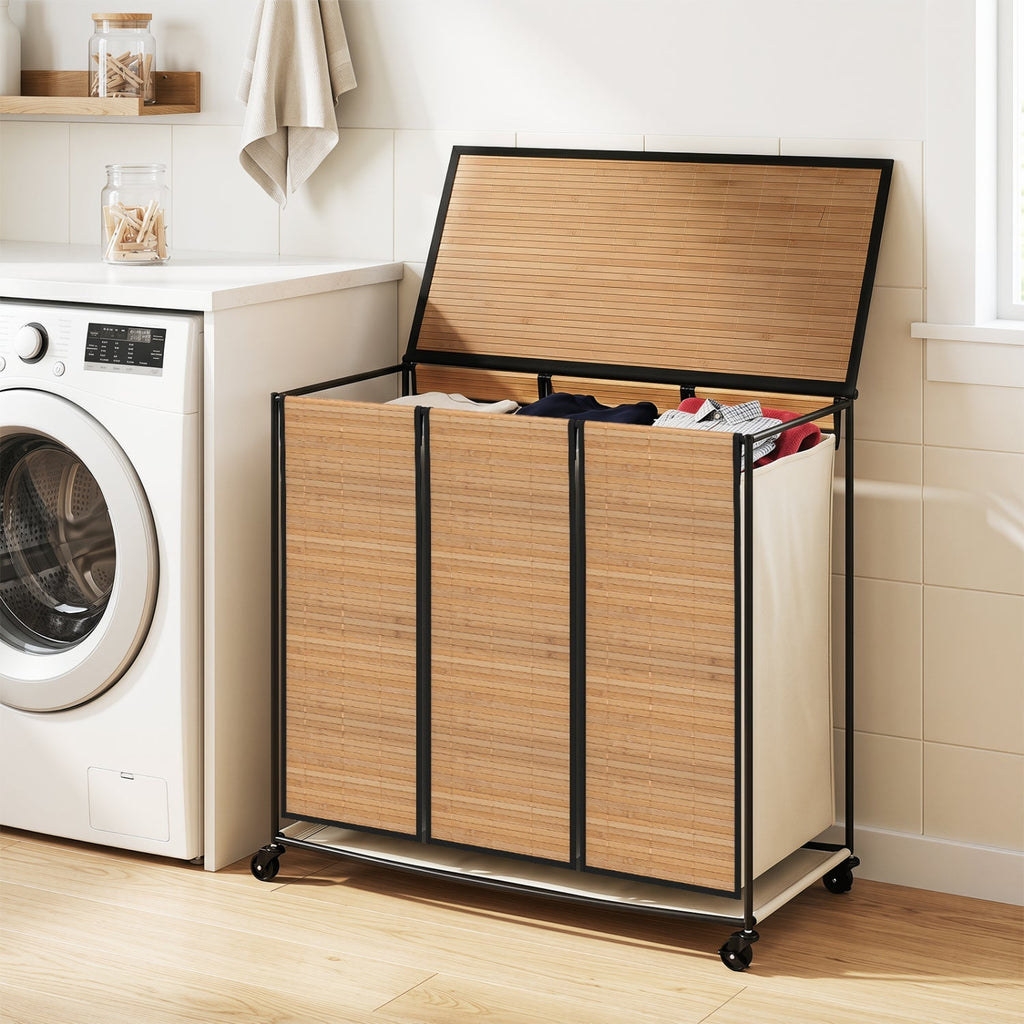 3-Section Laundry Hamper with Lid and Wheels - 21.4 Gal