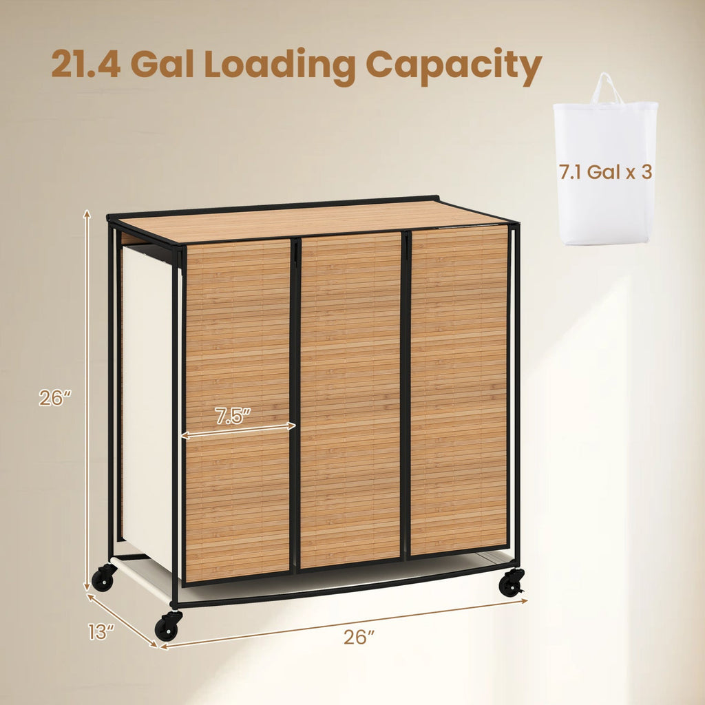 3-Section Laundry Hamper with Lid and Wheels - 21.4 Gal